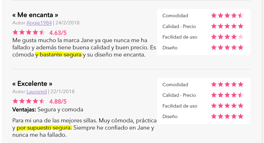 Valoraciones otras webs sillas de bebé JANE GRAND